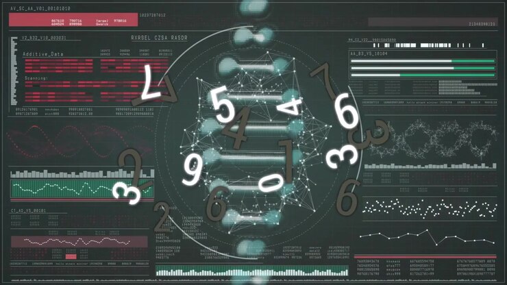 Digital DNA Helix Animation with Floating Numbers and Data Interface