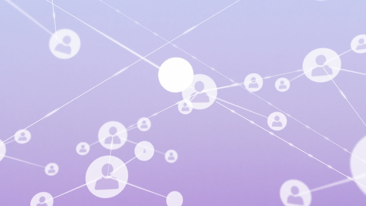 보라색 하늘 위의 아이콘으로 연결된 네트워크의 애니메이션