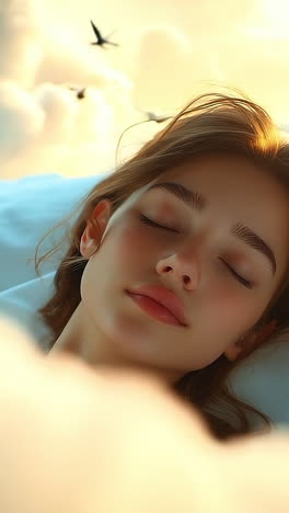 dreamy woman resting on fluffy clouds. a woman rests peacefully on soft clouds, eyes closed, surrounded by a serene, dreamy atmosphere during twilight.