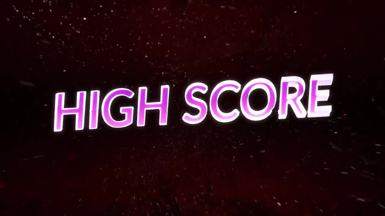 Animation of glitch effect over high score text against white particles flying on black background