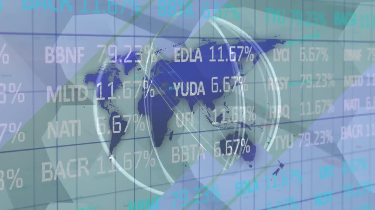 추상적인 배경의 지도에 대한 원 위의 거래 보드의 애니메이션