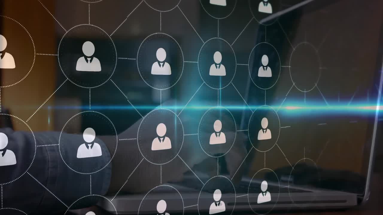 animación de personas iconos volando cerca de una persona que trabaja en casa