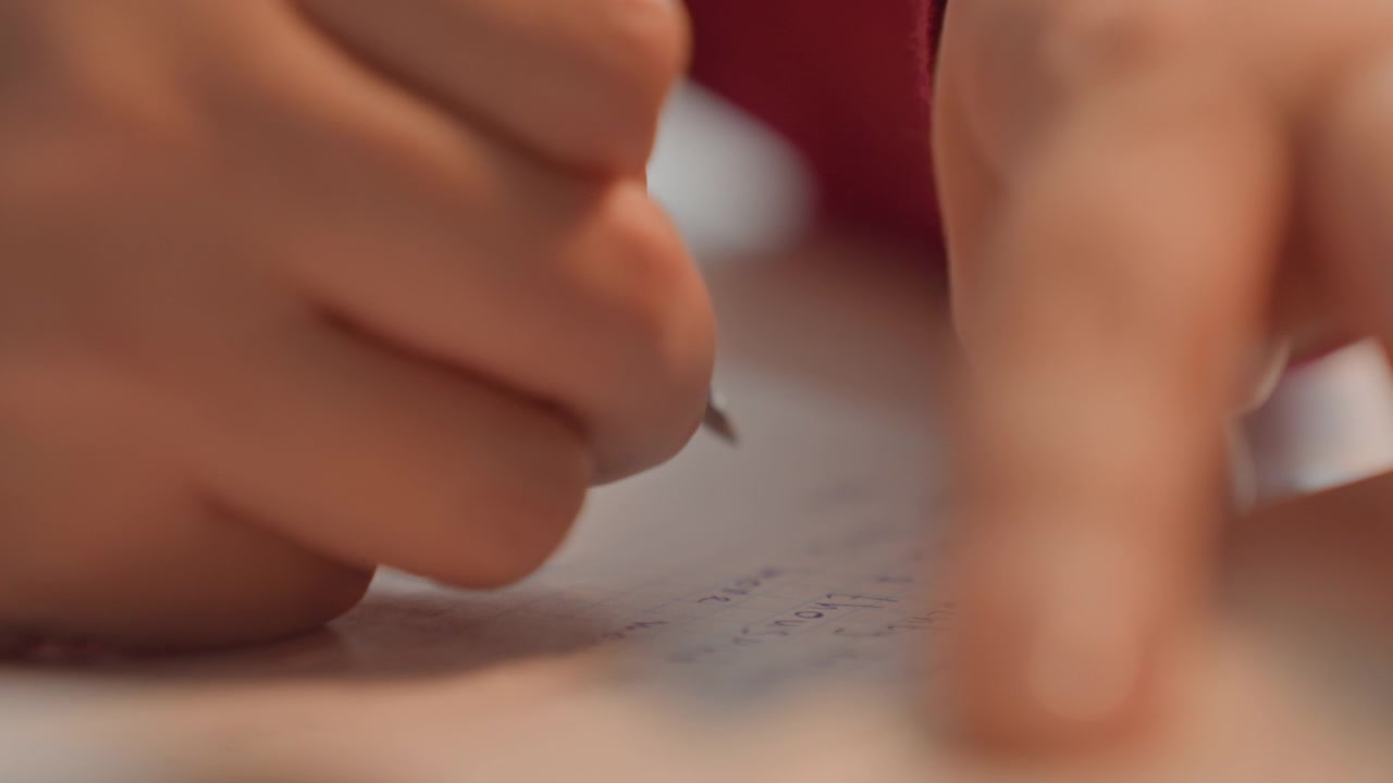 Close up of hands writing on graph paper with pen fingers moving. Hands interact continuously over time indoors. Graph lines are faintly visible beneath hand movements