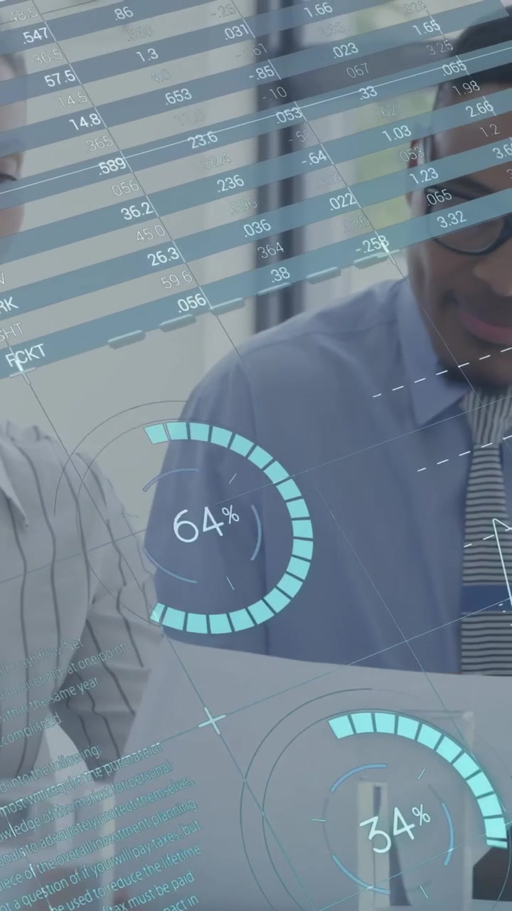 Vertical video: Woman leaning, man writing overlaying bar charts in business meeting to review data