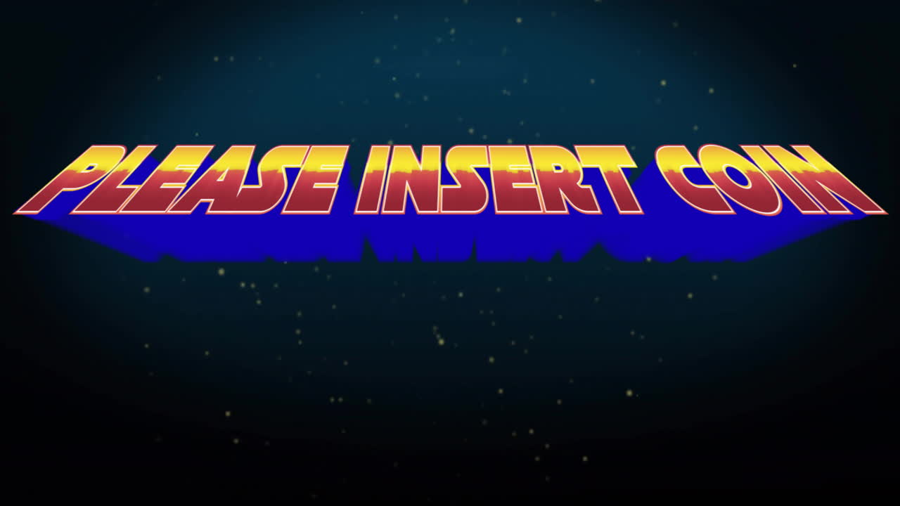 Animation of Please Insert Coin text glowing on starry background