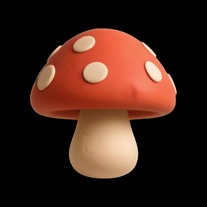 3D Rendered Clay Style Mushroom Rotating on Black Background
