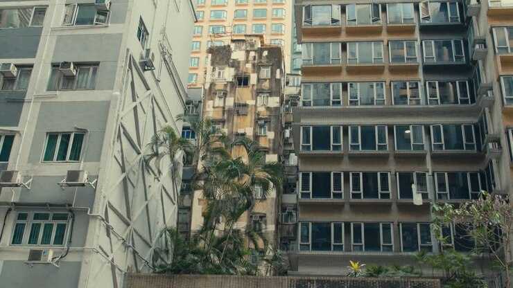Edifici residenziali affollati di Hong Kong con palme e facciate logore.