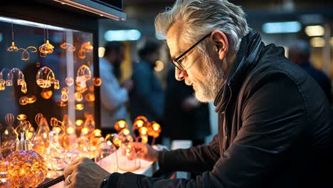 man examining handcrafted glass ornaments at a market in the evening