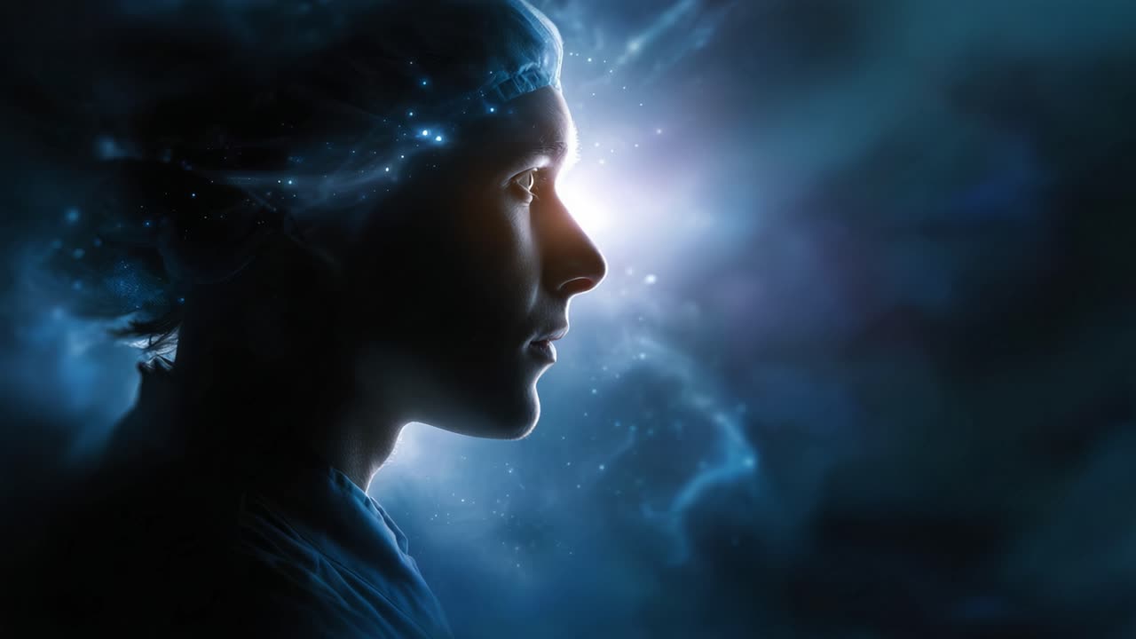 Une silhouette pensive portant une casquette se dresse au milieu d’un mélange mystique de lumière et d’ombre, évoquant des pensées de science, d’innovation et de l’essence de l’esprit humain.