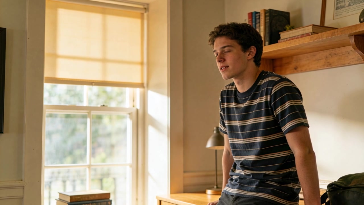 Adolescente inclinado hacia adelante, hablando después de una indicación, en un escritorio de madera junto a la ventana, con camisa a rayas, espacio para texto.
