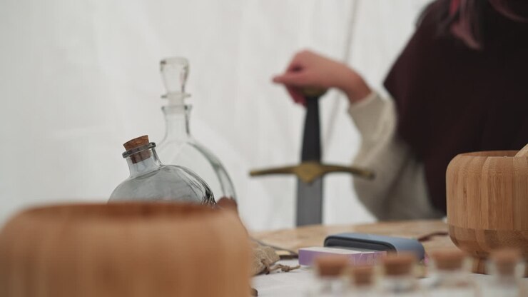 Kvinnelig kriger sitter ved et bord med ingredienser til trylledrikk
