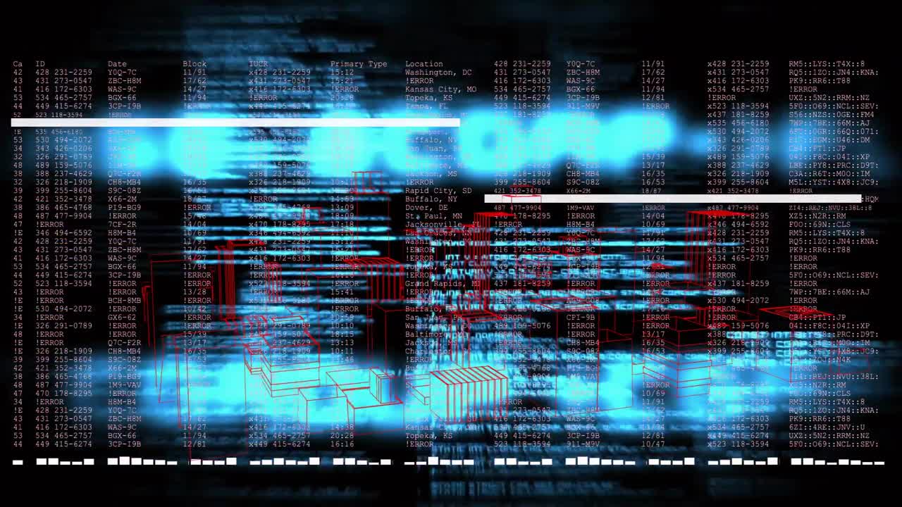 Light-blue code drifting on dark backdrop starting scrolling, rotating wireframes showing data flow