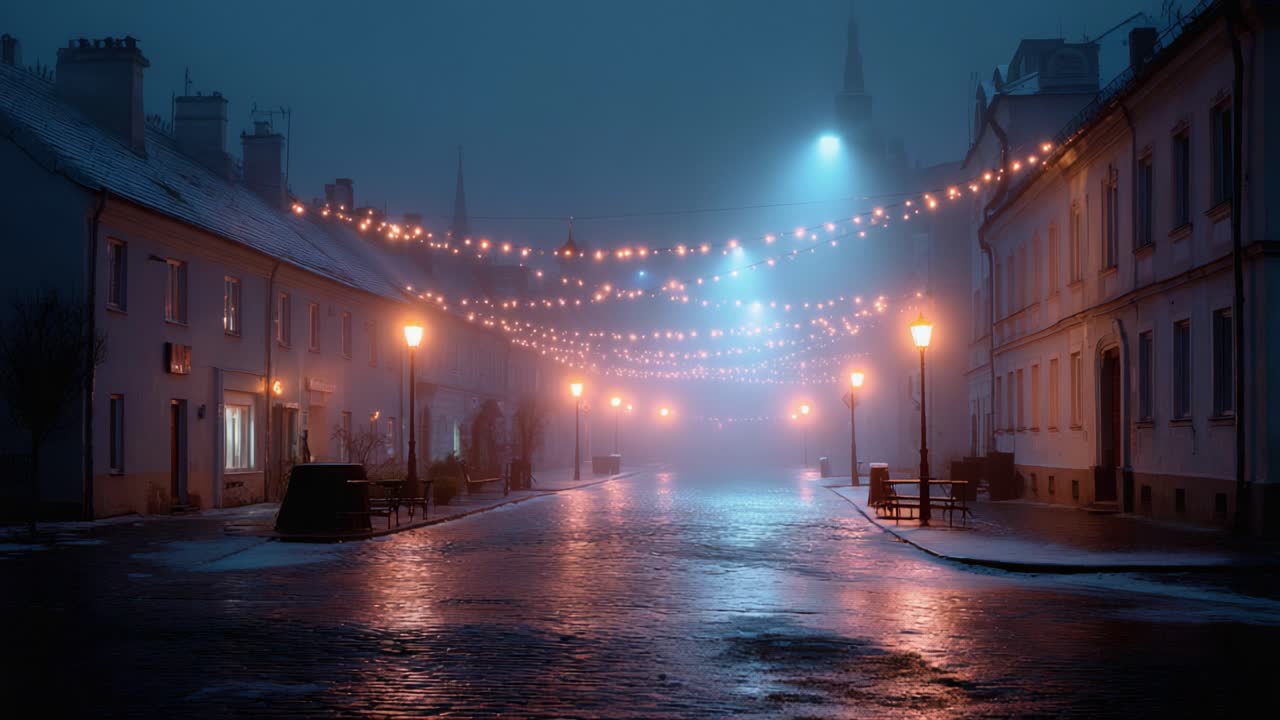 En rolig nat i en tåget by: Glødende lys og refleksioner oplyser en stille gade med regnvåde brosten og en mystisk atmosfære