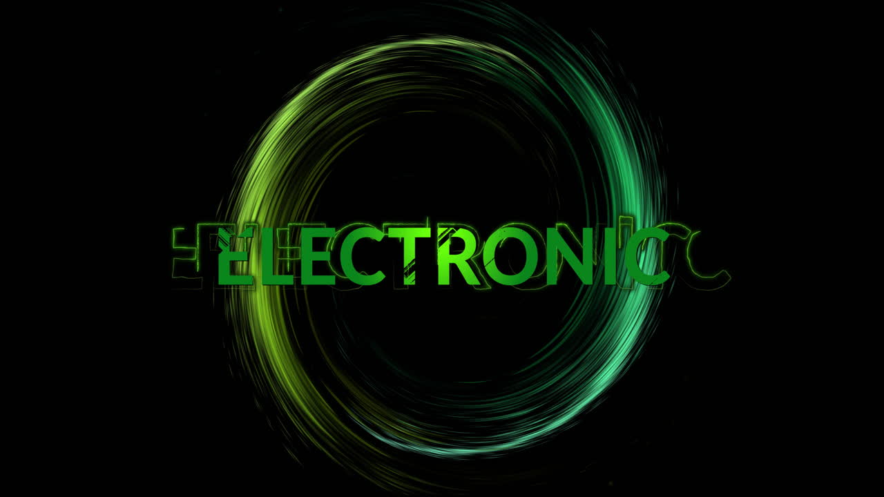 초록색 전자 텍스트와 검은색 배경에 있는 원 모양의 빛 트레일의 애니메이션