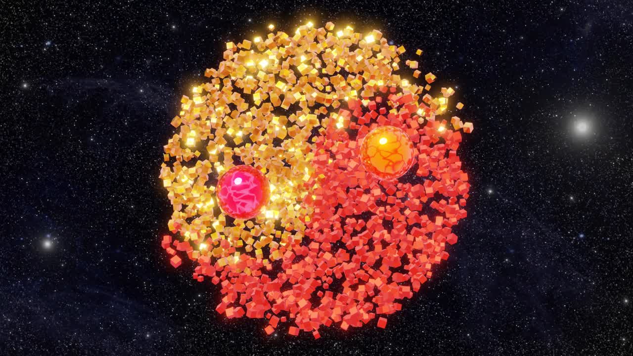 инь-янь, сделанный из светящихся блестящих кубов, частиц, вращающихся в петле с летающими звездами.