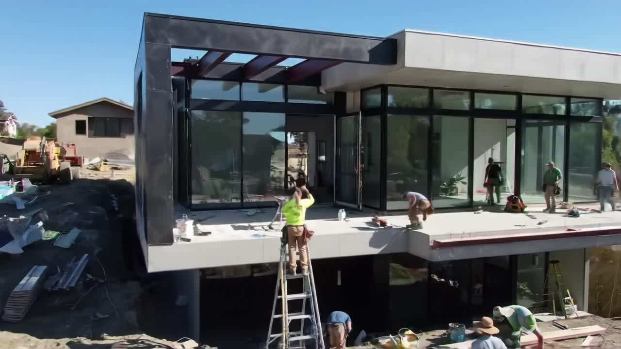 A large construction crew is busy working on a contemporary home under clear blue skies. Workers are seen collaborating on various tasks while equipment is positioned around the site.