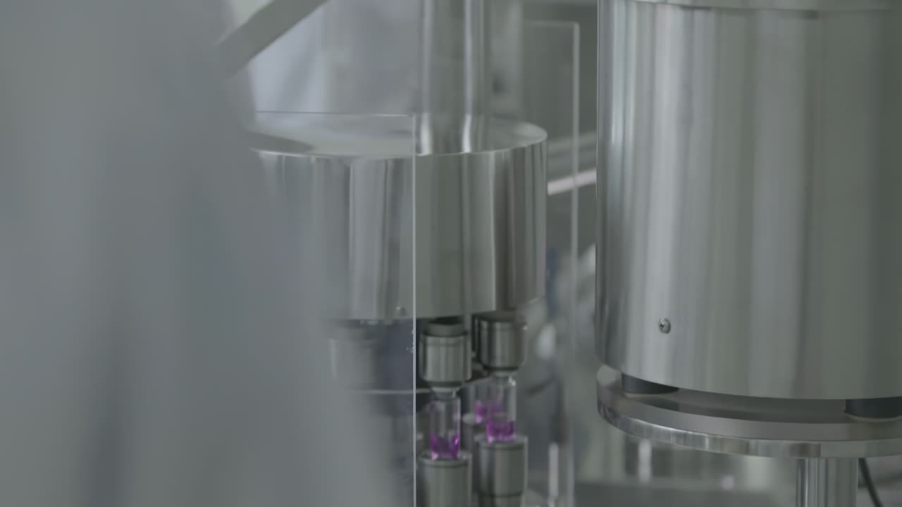 Scientists or technicians in protective control medical vials filled with liquid on a production line in a pharmaceutical factory, showcasing modern medicine laboratory science.