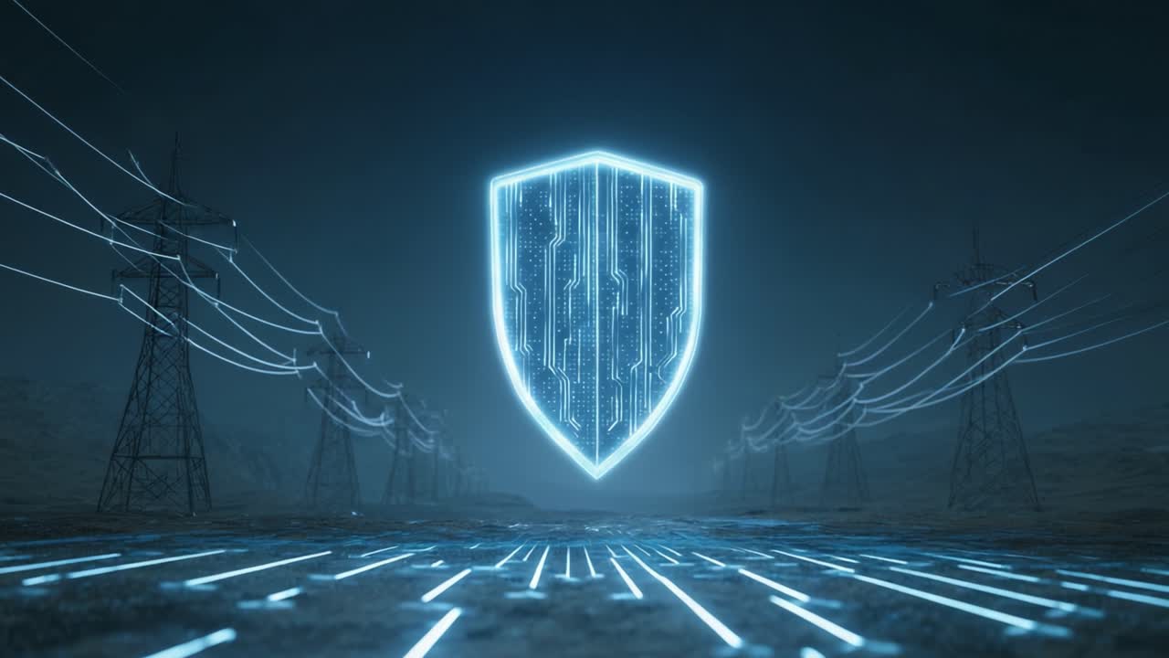 Digital Security Shield Overpowering Power Lines: An Imaginary Fusion of Modern Technology with Cyber Defenses Set Against a Stark, Industrial Background