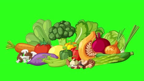 a colorful array of illustrated vegetables remains static on a vibrant green background, ideal for compositing or food-related motion graphics projects