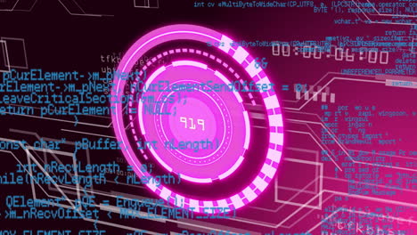 animation of rotating pink circle with blue programming code in digital interface
