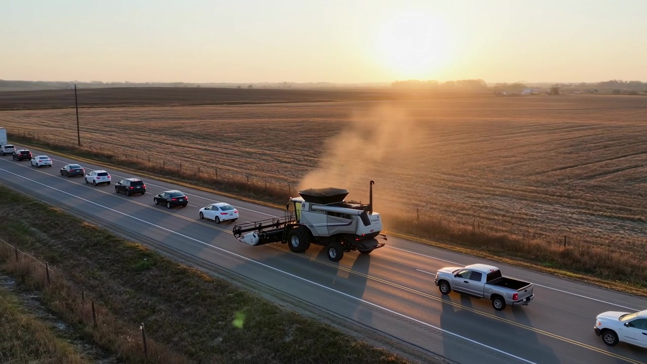 Traveling combine emitting dust along rural road, with trucks and cars following after harvest
