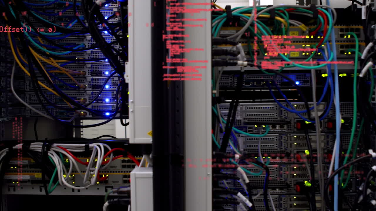 animación del procesamiento de datos en un primer plano del servidor informático