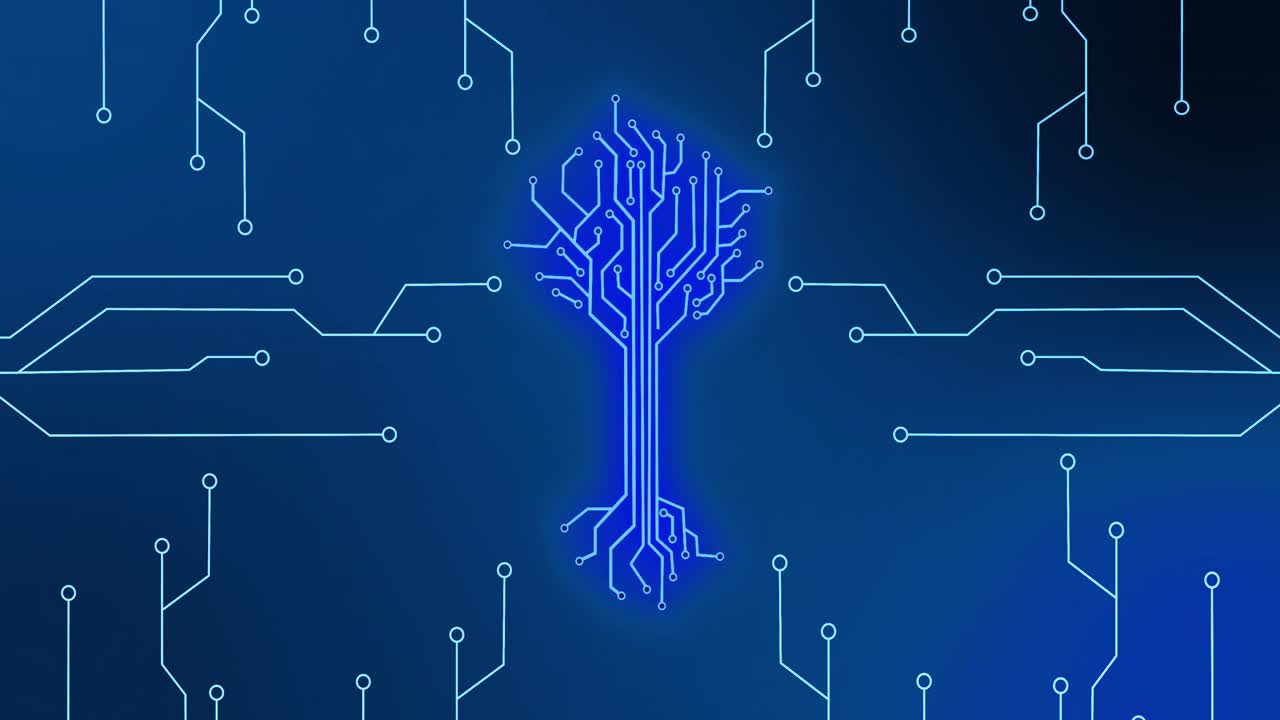 Animation of integrated circuit and digital tree on blue background