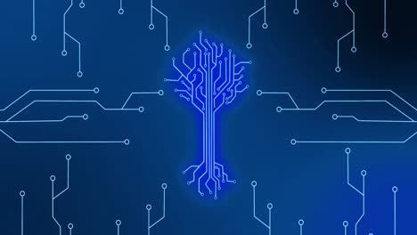 Animation of integrated circuit and digital tree on blue background
