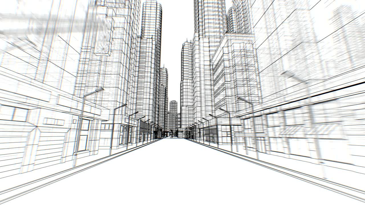 Digital Empty Streets in Abstract City Moving Through Seamless Digital 3d Blueprint on White. Business and Technology Concept. Looped 3d Animation.