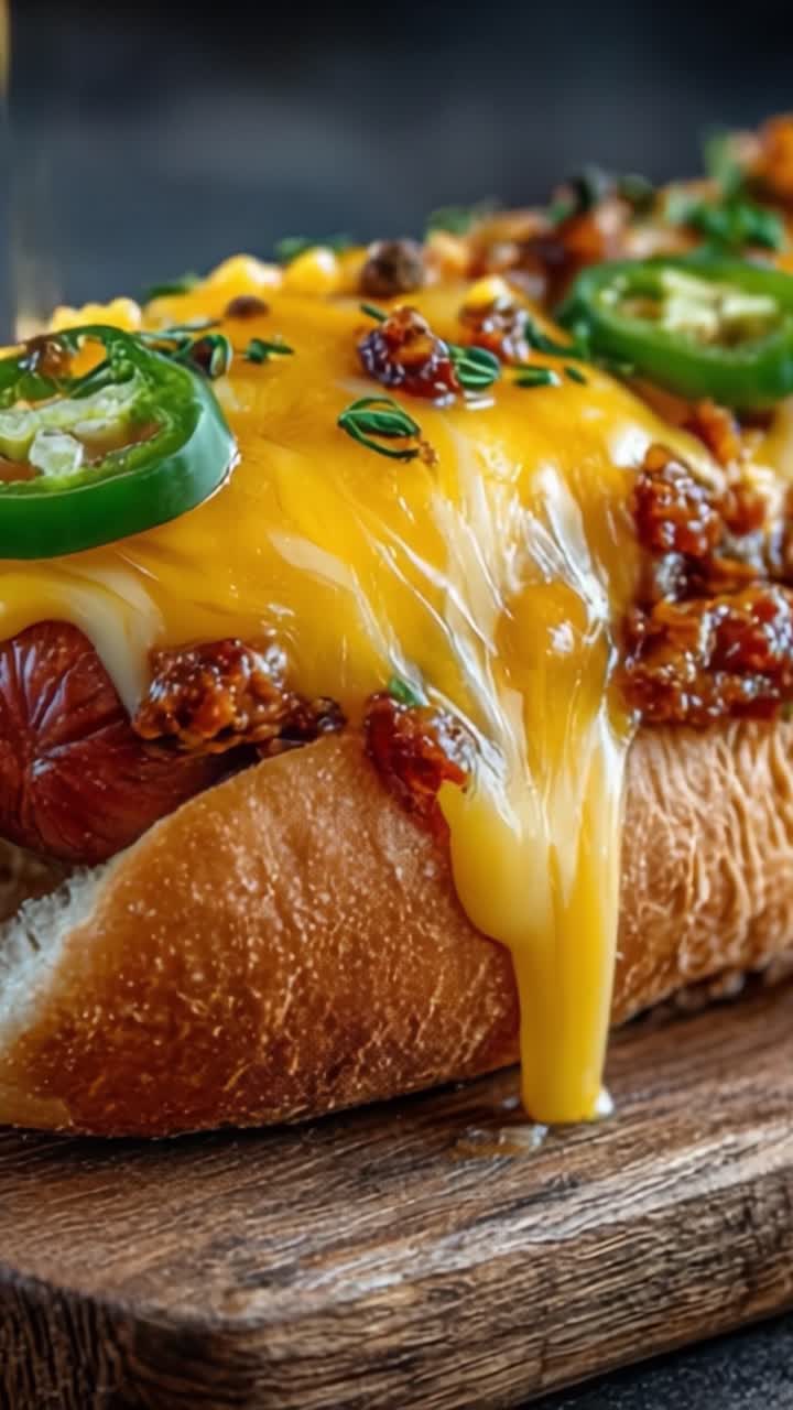 En lækker oste-hotdog toppet med sprød bacon, skivede jalapeños og frisk purløg, dryppende med smeltet ost på et træfad.