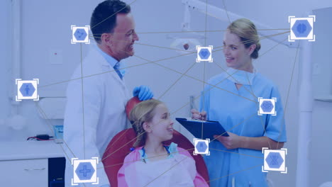 network of connections and medical icons animation over dentist and patient interaction