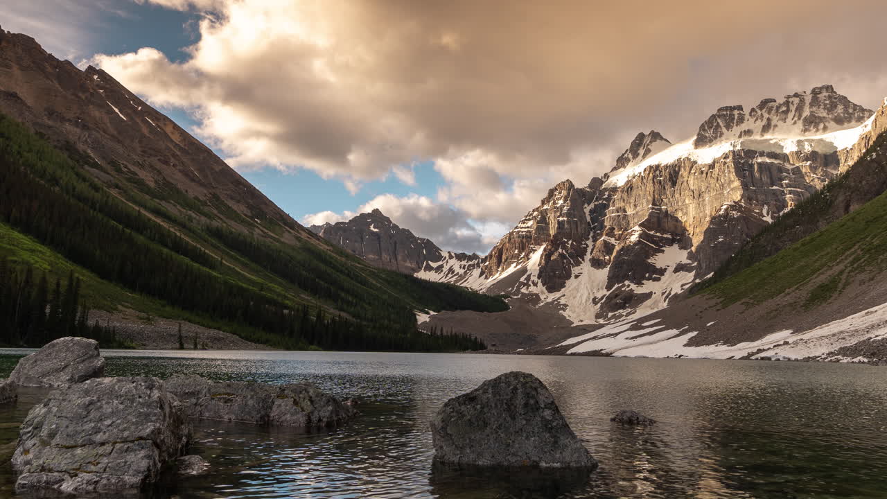 Consolidation Lakes, Banff National Park, Canada. Timelapse of Clouds Above Glacial Lake and Pristine Landscape