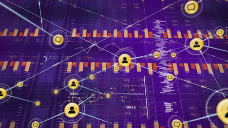 animación de análisis de datos con gráficos e iconos de usuario conectados por líneas en fondo púrpura