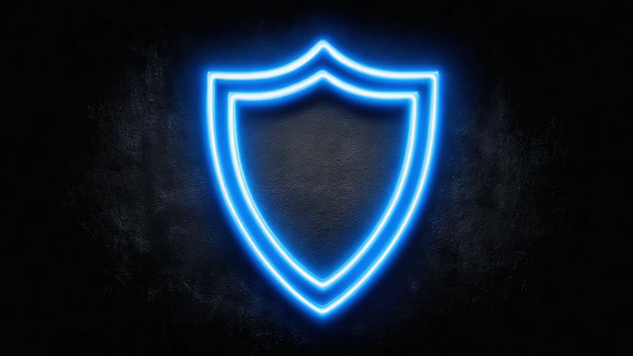Illuminated Neon Shield Symbol Against Dark Background, Representing Protection, Security, and Reliability in a Modern Design Aesthetic