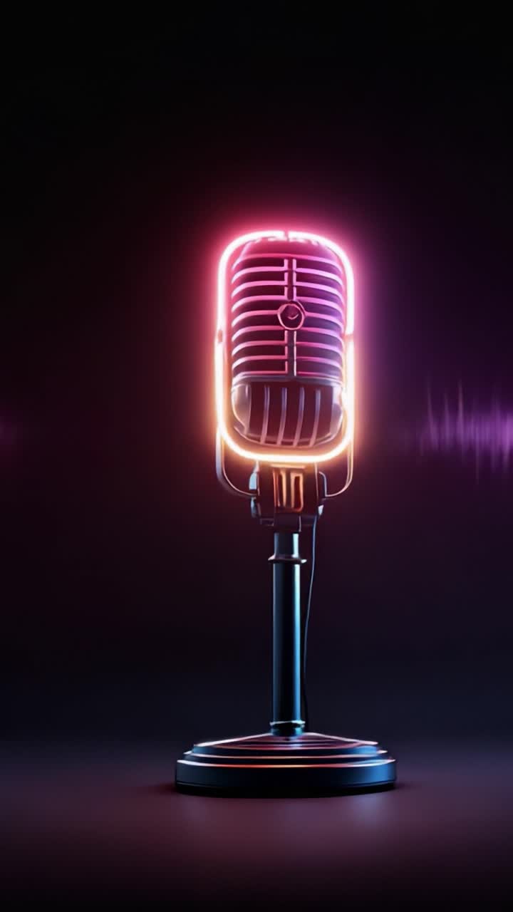 Uno splendido microfono al neon che irradia colori vivaci su uno sfondo scuro, perfetto per catturare l'essenza del suono e della musica in un'estetica moderna.