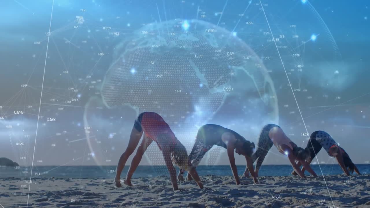 Animation of spinning globe with rays against caucasian friends exercising at beach