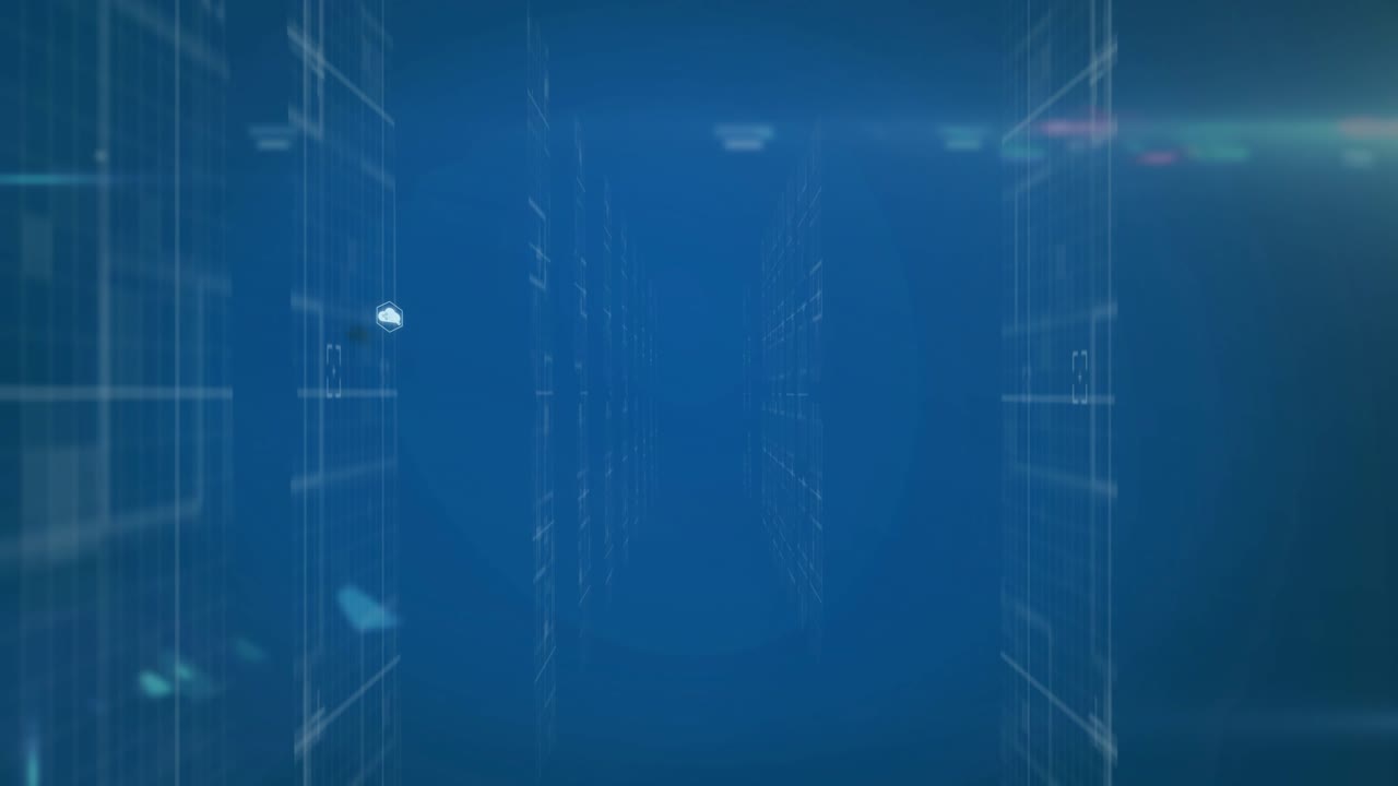 Hexagon cloud icon appearing and growing, sending lines, icons, pulsing then shrinking, showing net