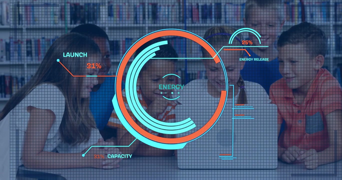 Vertical video: Seeing HUD marker, six kids leaning pointing at laptop by shelves tracking energy