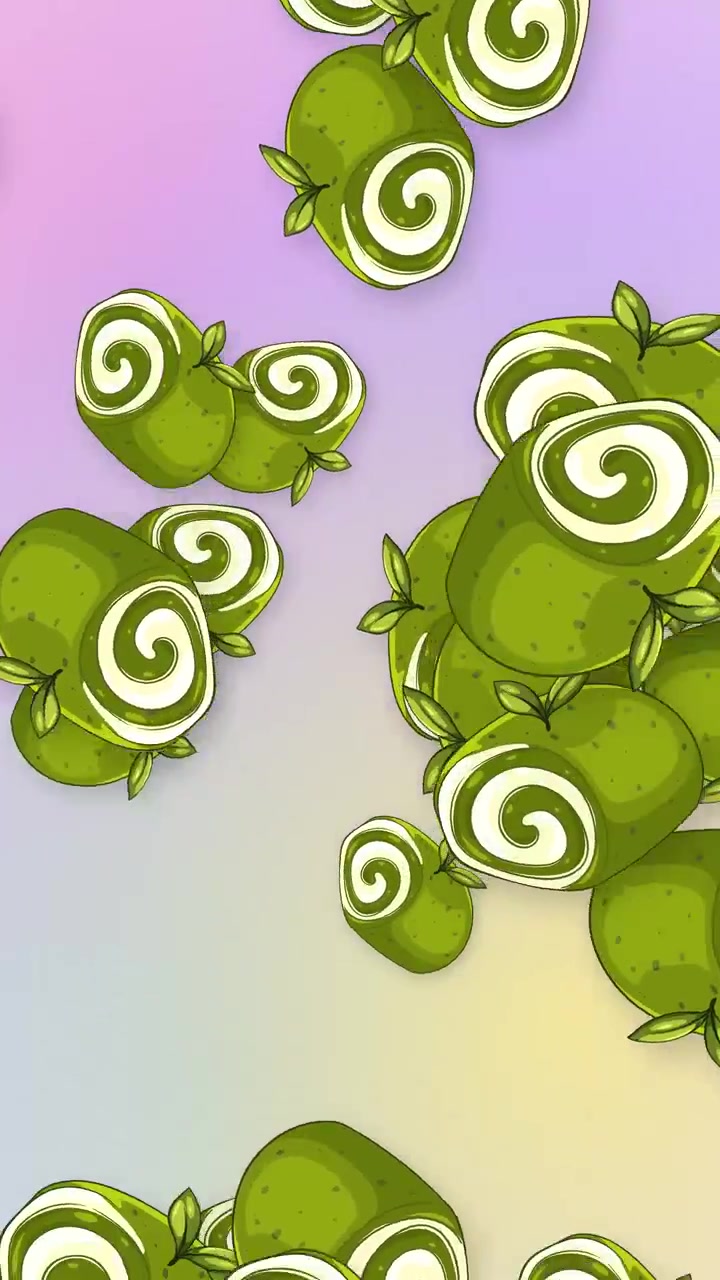 Rotoli di dessert al tè verde stilizzati cadono attraverso una cornice verticale su una morbida sfumatura pastello