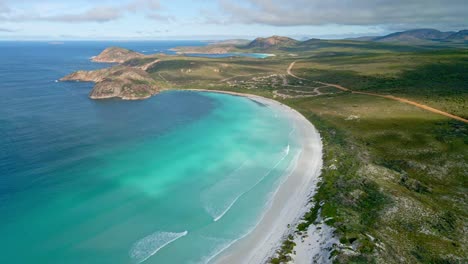 aerial panorama view of a beatiful beach, lucky bay, esperance - australia - orbit, drone shot