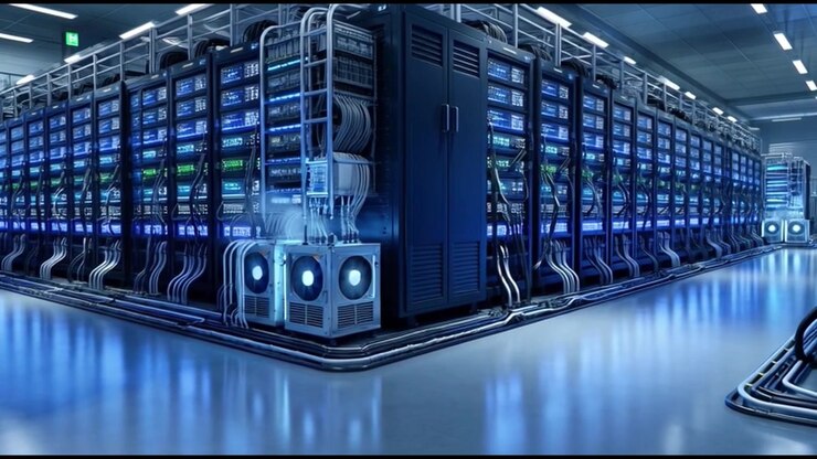 Modern Data Center Server Room with Glowing Blue Lights