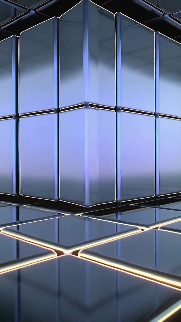 Vertical video: Rotating cube sliding panel out and back on tiled floor at start to reveal faces