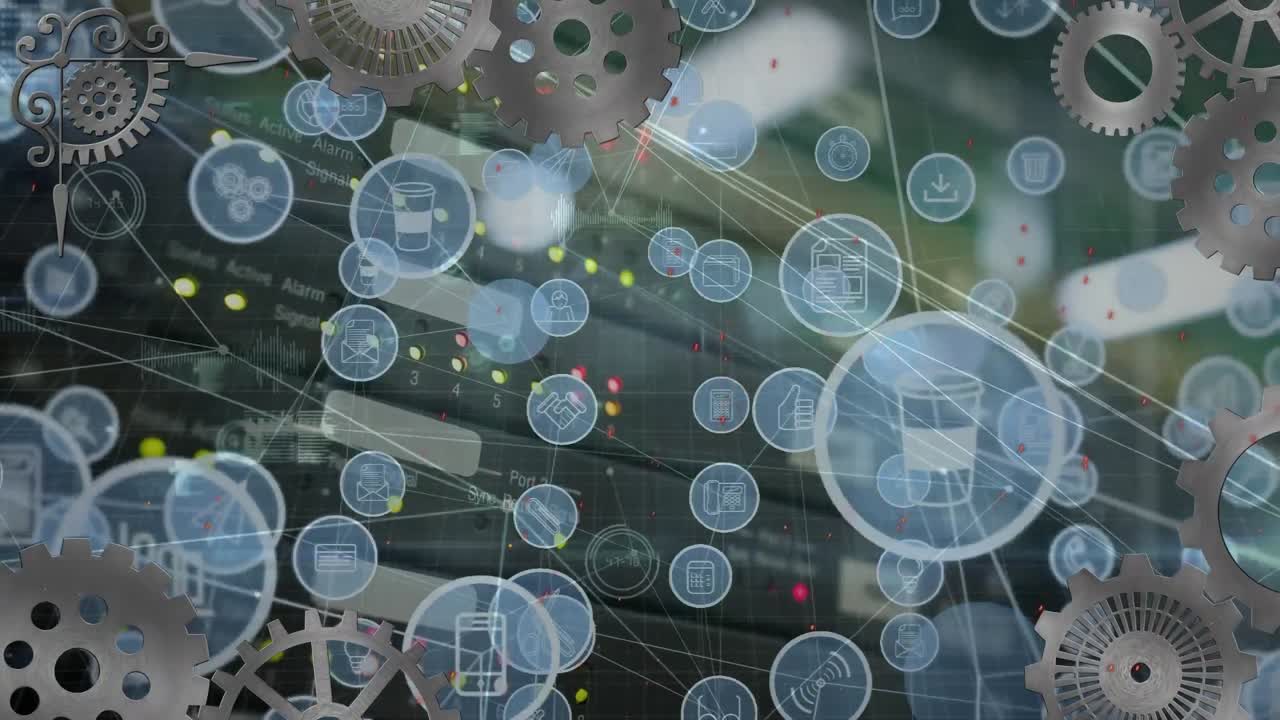анимация зубчатых колес и сеть соединений с иконами над современным офисным зданием