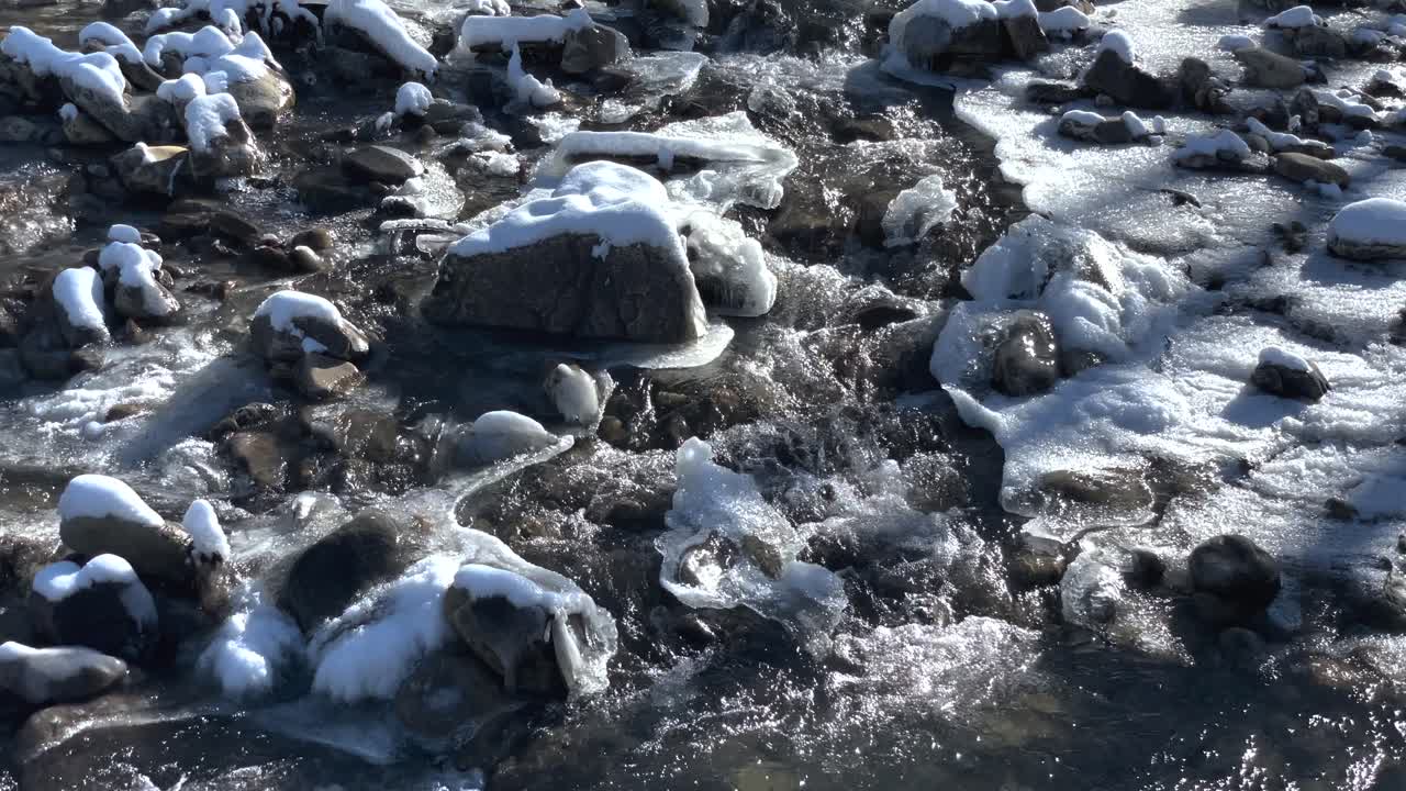 замерзшие камни и вода в ручье в зимней стране чудес
