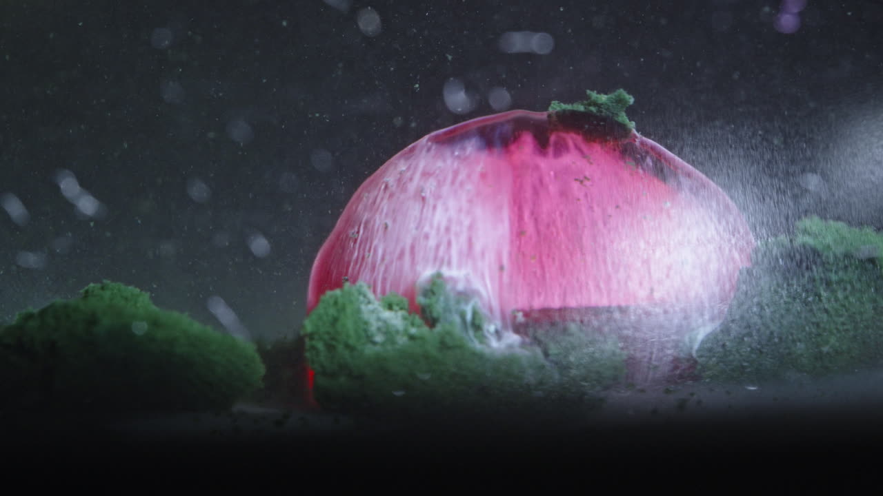 Exploding colorful bubble surrounded by green particles in slow motion