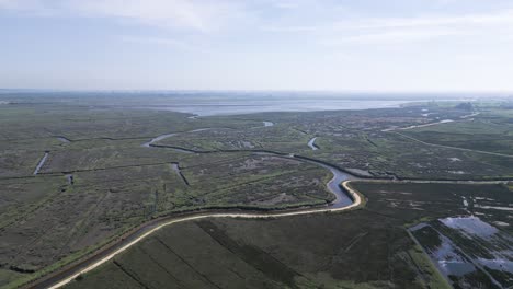 Expansive-view-of-Ria-Aveiro's-waterways-in-Portugal---aerial