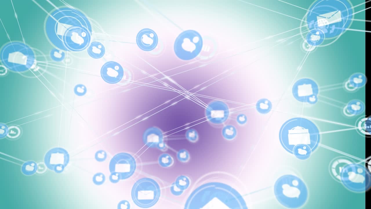 Animasi jaringan ikon digital dengan latar belakang gradien biru dan ungu