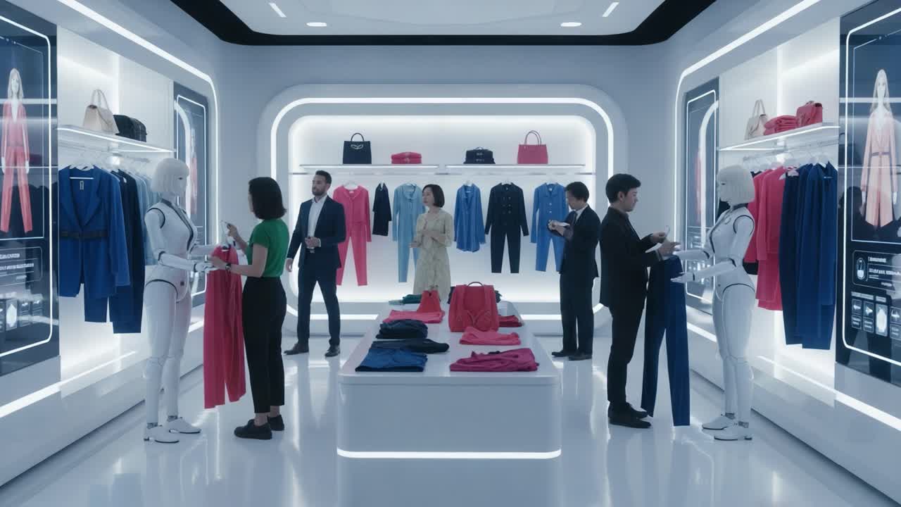 Futuristic Retail Experience: Shoppers Engaging with Human-like Robots in a High-Tech Clothing Store Displaying Trendy Fashion Apparel and Accessories
