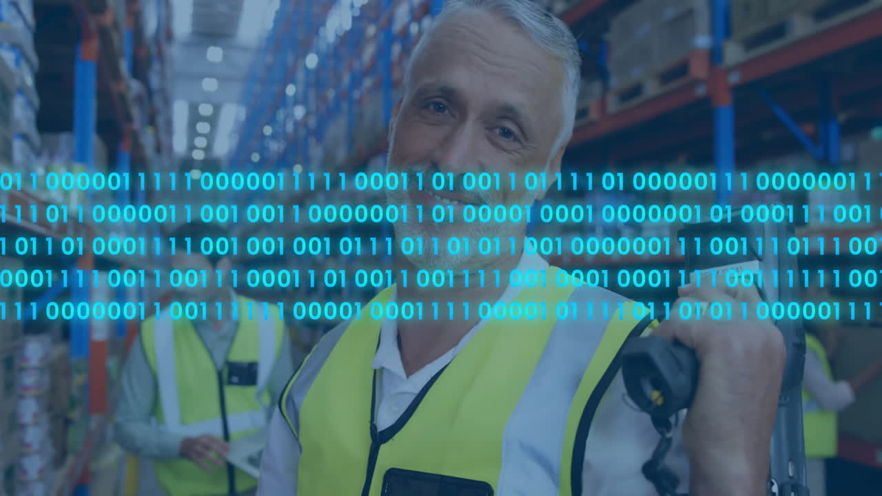 Animation of data processing over caucasian male workers in warehouse