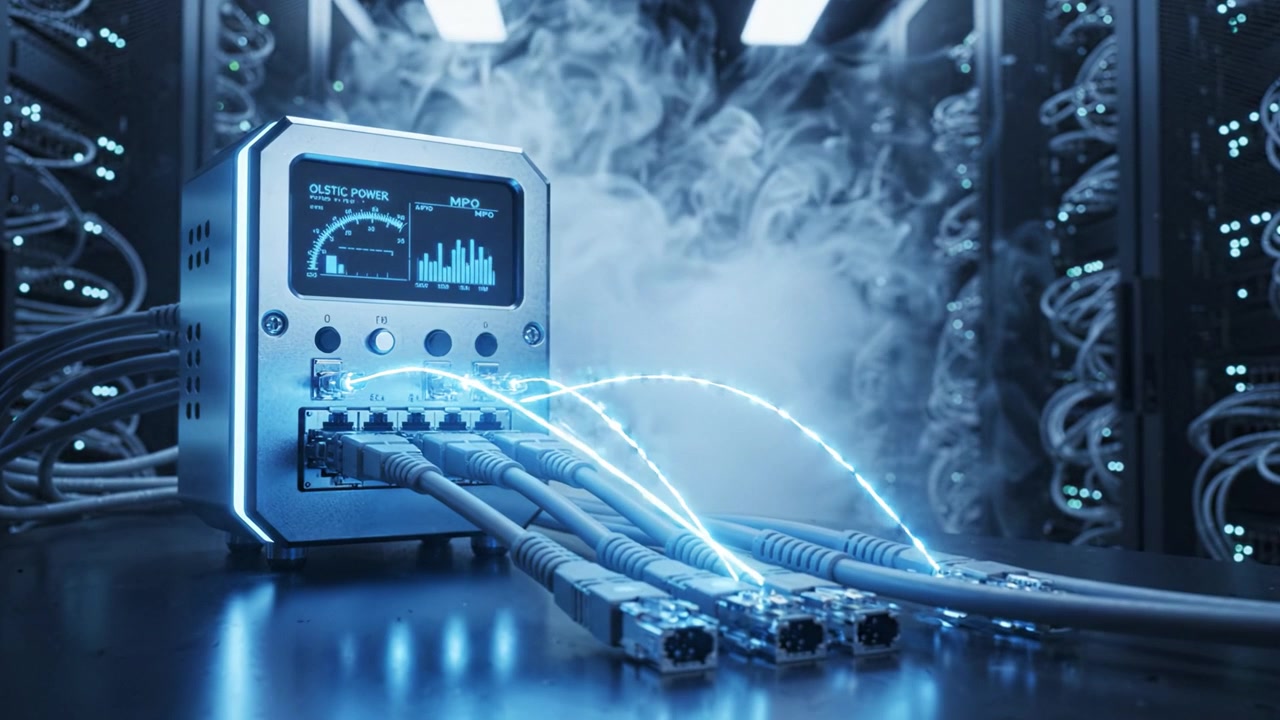 High-tech device emitting sparks in a cloud of vapor within a modern data center filled with server racks and intricate cabling showcasing advanced technology.